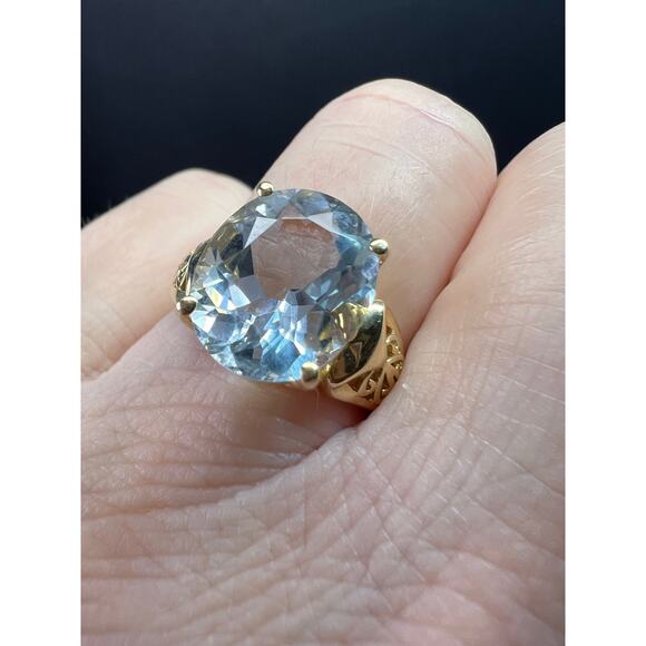 Vintage 14K Gold Aquamarine Solitaire Ring Filigree Statement Size 7 - Picture 3 of 16
